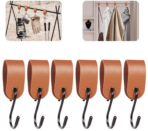 QuirkLz S Haken mit Lederschlaufe, 6 Stück, Braun Kleiderhaken, Garderobenhaken mit Lederschlaufe, Multifunktionale Metallhaken für Garderobe, Küche, Bad – zum Aufhängen von Kleidung und Accessoires