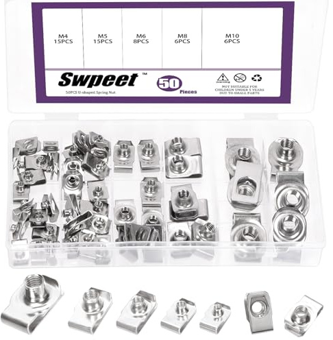 Swpeet Assortiment de 50 clips en U M4 M5 M6 M8 M10 en acier inoxydable 304 pour voiture, écrous en forme de U, écrous en U, fixations à ressort pour panneau de porte de tableau de bord, intérieur
