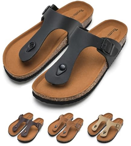 Torotto Damen Zehentrenner Flip Flops Pantoletten Hausschuhe Sportliche Kork-Fußbett Schlappen Mit Verstellbarer Rieme Sandalen(schwarz,42 EU)