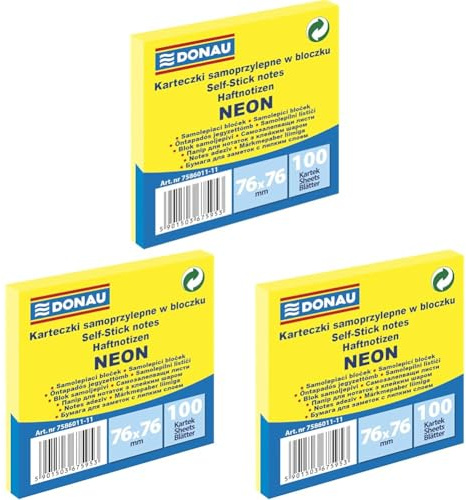 DONAU 7586011-11 Notes Würfel Haftnotizen Neon-Gelb Selbstklebende Haftnotizzettel Sticky Notes 76X76mm, 1x100 Blatt, Notizblock klebend für Büro Schule, gelb neon (Packung mit 3)