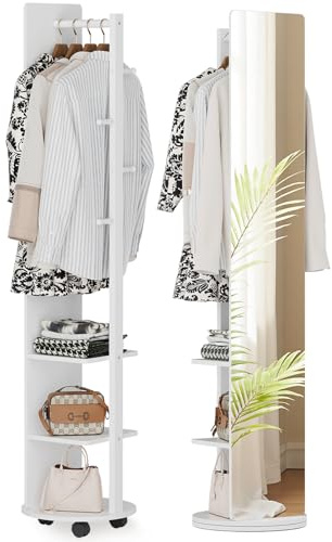 Warmiehomy 39X170cm Full Length Mirror with Coat Rack Solid Wood Stand | White, 2-in-1 Full Length Standing Mirror & Coat Rack. 360° Swivel, Storage Hooks & Shelf. Space-saving for Bedroom/Hallway