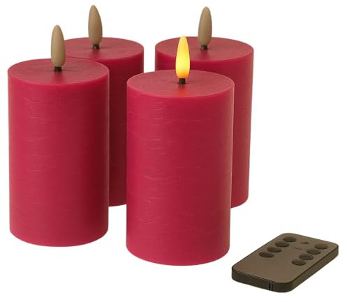 Fachhandel Plus LED Kerzen mit Timer – Stumpenkerzen aus Echtwachs mit 3D Flamme & Fernbedienung – LED Echtwachskerzen in verschiedenen Farben & Größen – Ø 6,5/7,5 cm (Pink, 10 x 6,5 cm)