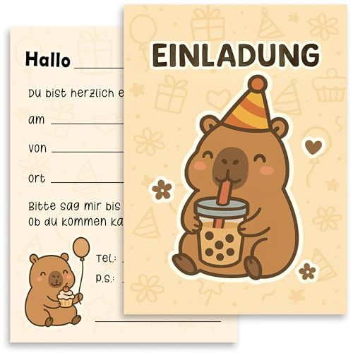 E&G Klasse 10x Einladungskarten Capybara Boba Tiermotiv Kindergeburtstag A6 Beige niedlich Geburtstagseinladung Kinder Einladungskarte Mädchen Jungen süß Tierparty Capybara Design Karten