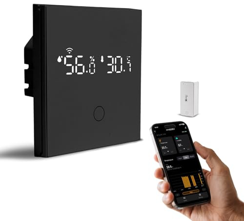 Smart Wandschalter für Licht mit Mini Innenraum Temperature Humidity Sensor | WiFi Touch Smarter Light Switch 1Weg Digital Hinterlicht,Neutralleiter Erforderlich,Fernsteuerung,für Smart Life/Tuya,Schwarz