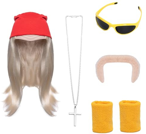 FVCENT Wrestling-Kostüm-Set, blonde Perücke, Kunstbart, Bandana, Kopftuch, Hut, silbernes Kreuz-Halskette, Armband, Halloween, Cosplay