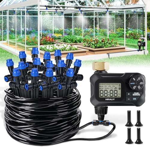 HIRALIY Kit d'irrigation goutte à goutte pour serre de 15,7 m avec minuterie de jardin, système d'arrosage pour plantes suspendues, avec tubes, buses de brumisation et minuterie d'eau, système