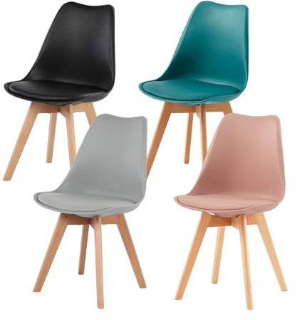 EGGREE 4er Set Esszimmerstühle im Skandinavischen Stil,4 Küchenstühle in Modernen Hellen Farben,Gepolstert in PU mit Buchenholz Beine,Schwarz + Rauchrosa+Grau+Türkis