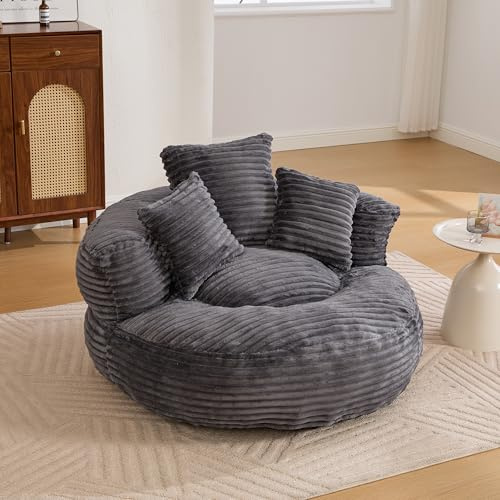 LIFEISLE Lazy Sitzsack Sofa mit DREI Kissen, Rund Relaxsessel Bean Bag für Erwachsene und Kinder, Einzelsessel Stuhl Indoor, Single Gaming Sofa Stuhl für Wohnzimmer Schlafzimmer Spielraum, Cord Grau