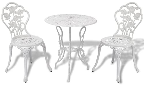 Tonture 3-Piece Bistro Set Made of Weatherproof Cast Aluminium, White, for Garden, Balcony, Patio, Romantic Floral Pattern, Sturdy Cast Iron Legs, Seating Set