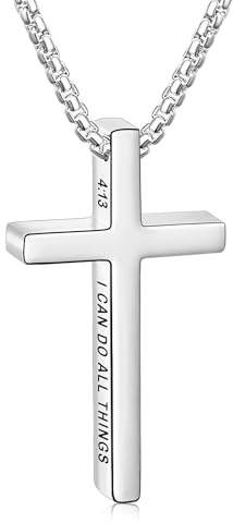 Silver Cross Necklace for Men Boys, Bible Verse 4:13 Silver Cross Chain for Men Boy Stuffers Baptism Christian First Communion Confirmation Religious Gifts for Teen Boys Kids Teenage Toddler Age Jewelry