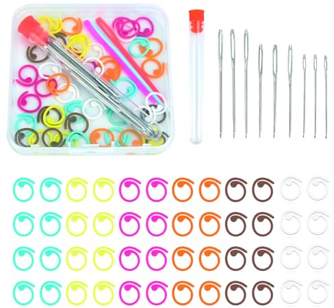 JAXICREY 48 Stück Maschenmarkierer Stricken Kunststoff, 12 Stück Nähnadeln mit Großem Öhr, Maschenmarkierer Häkeln Bunt, Stitch Markers Knitting mit Aufbewahrungsbox für Stricken, Häkeln, Nähen