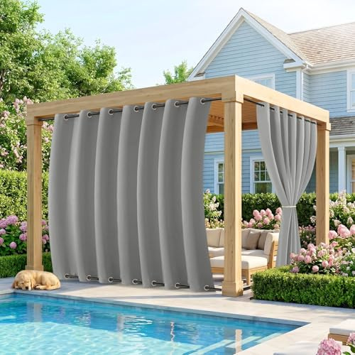 IRONDELIC Outdoor Vorhang Wetterfest Extra Breit B254xH213cm, Winddicht mit Ösen Oben und Unten, Sichtschutz &Sonnenschutz für Pavillon Terrasse Balkon Garten, 1 Stück (Hellgrau)