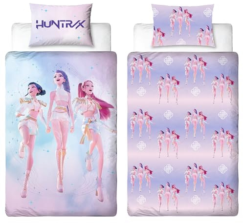 Set copripiumino singolo con licenza ufficiale K Pop Demon Hunters | Design Soundtrack, biancheria da letto reversibile su 2 lati, include federa coordinata | Perfetto per la cameretta dei bambini