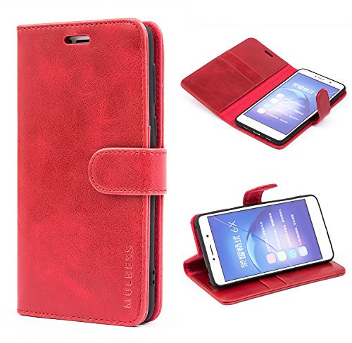 Mulbess Handyhülle für Huawei Honor 6X Pro Hülle Leder, Honor 6X Handy Hüllen, Vintage Flip Handytasche Schutzhülle für Huawei Honor 6X / 6X Pro Case, Wein Rot