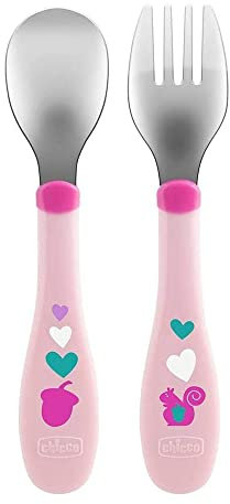Chicco Couverts en Acier Inoxydable, Couverts Enfants, Set Bouillie, Fourchette et Cuillère pour Enfants, en Acier Inoxydable, Facile à Porter, Set Sevrage Première Bouffe, 2 Pièces, 18M+, Fuchsia