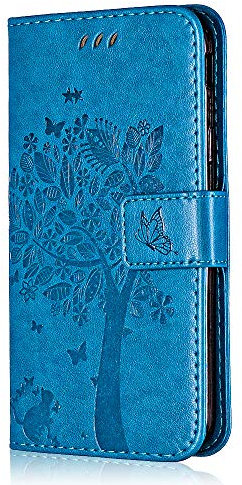 Conber Hülle für iPhone SE/iPhone 5 / iPhone 5s, PU Leder Tasche Flip Case Lederhülle Handyhülle, Vintage Katze und Baum Schutzhülle für iPhone SE/iPhone 5 / iPhone 5s - Blau