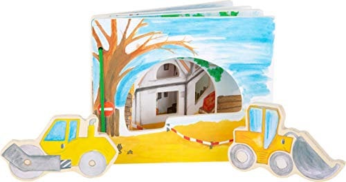 small foot Bilderbuch Baustelle, interaktives Buch aus Holz für Kinder, mit Walze und Bagger, ab 12 Monaten, 12039