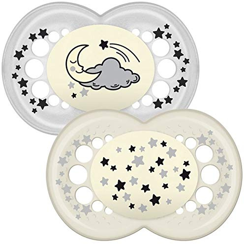 MAM Latex Original Night Soothers 12 Months, Glow in the Dark Baby Soothers with Self Sterilising Travel Case, Newborn Essentials, Grey, 2 Stück, verschiedenes Design