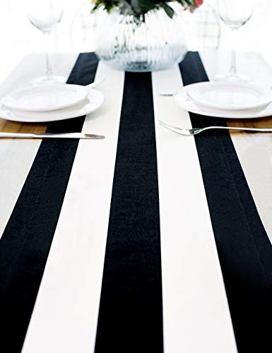 Letjolt Schwarz-weiß gestreifter Tischläufer für Küchendekoration, schwarze Streifen, Tischläufer, Baumwollleinen, 122 cm, Beetlejuice-Party-Dekoration