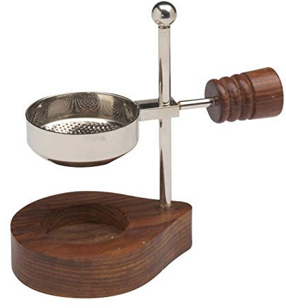 Räucherstövchen mit Holzgriff und Holzfuss und Sieb. Silberfarben vernickelt [Handarbeit verstellbare Höhe 12 cm] Verstellbarer Weihrauchbrenner zum Räuchern mit Teelicht