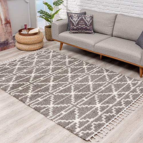 Teppich Hochflor Wohnzimmer - Ethno Skandi Stil 120x160 cm Grau Creme - Teppiche mit Fransen