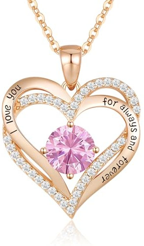 CDE Necklaces for Women Birthstone Pendant, Sterling Silver Love Heart Rose Gold Jewellery Gifts for Mum Her Wife Girlfriend Anniversary Birthday Mothers Day (925 Sterling Silver, Rose Gold-10-Oct)