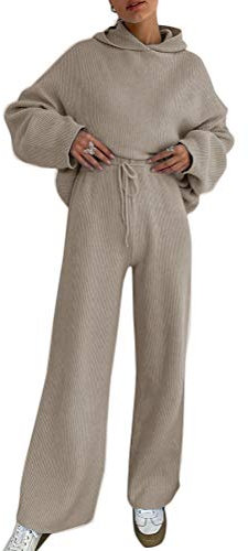 Onsoyours Damen Strick Set Pullover mit Kapuze, Fledermaus-Ärmel Taschen Hose mit elastischem Bündchen M