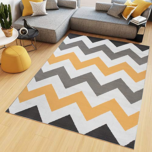 TAPISO Maya Teppich Kurzflor Grau Gelb Geometrisch Zig Zag 200 x 200 cm | Weiß Modern Streifen Gestreift Design Wohnzimmer Schlafzimmer oeko-tex