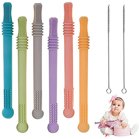 Baby Beißröhrchen, Silikon Baby Beißring Hohle Beißstrohhalme Säuglingsbeißspielzeug Kauen Molaren Sinnesspielzeug mit Reinigungsbürsten für Kleinkinder Mädchen Jungen (6er Pack)