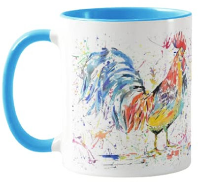 Hahn Wasserfarben Regenbogen Henne Kunst Bauernhof Tier Farbige Tasse Geschenk Geburtstag Arbeit Büro Weihnachten Tee Kaffee (Lblau)