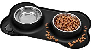 Puppy Bowls, Cat Bowl YOKA Puppies Bowl Non Slip Stainless Steel Double Bowl with Non-Spill Silicone Mats Tray for Cats Puppies Food Water Feeding (200ml Each Bowl, Black)