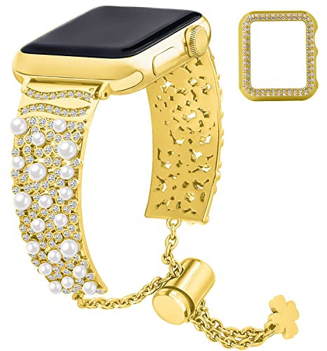 wutwuk Compatible Bling Apple Watch Straps 38mm 40mm/41mm 42mm 44mm/45mm with Bling Case for Women & Girls Cuff Stainless Steel Replacement Strap for iWatch SE 2/SE Series 8 7 6 5 4 3 2 1-Gold 38mm