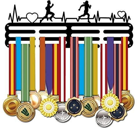 SUPERDANT Medaillenhalter EKG Muster Medaillen Aufhänger Schwarzes Eisen Wandhaken Medaillen Aufbewahrung Für Wettkampf Wandaufhängung Geschenke für Sportler und Kinder 40x15cm