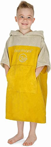 normani Kinder Badeponcho - Badehandtuch aus 100% Bio-Baumwolle - Surfer Poncho mit Kapuze für Jungen und Mädchen 0-13 Jahren Farbe Lemon Größe 6-9 Jahre