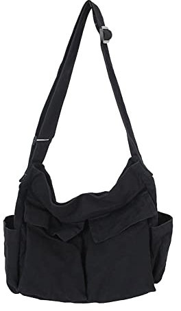 JQWSVE Canvas Messenger Bag Large Hobo Crossbody Bag with Multiple Pockets Canvas Shoulder Tote Bag for Women and Men, A02-Schwarz, 15.74 * 13.38 * 5.90in