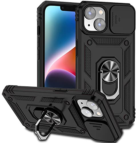 Hitaoyou iPhone 14 Plus Case with Camera Cover & Kickstand, Military Grade Shockproof Heavy Duty Protective Case with Magnetic Car Mount Holder, Black
