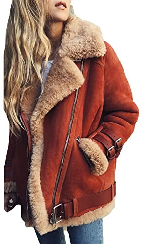 VIVICOLOR Damen-Lammfell-Veloursledermantel, Damen-Wildleder-Sherpa-gefütterter Mantel, Damen-Winter-Pelz-gefütterte Wildlederjacke Outwear Plus Size