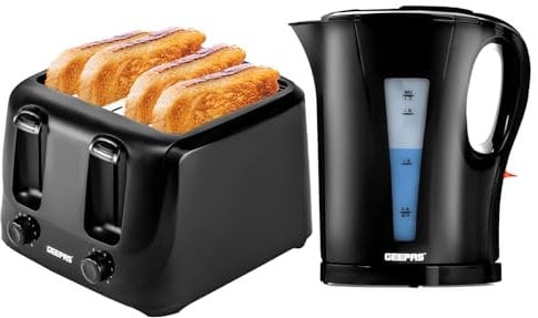 GEEPAS 1.7L Electric Kettle & 4 Slice Bread Toaster Kitchen Combo Set | 2200W Cordless Jug Kettle Auto Shut-Off | 1400W Toastie Machine 6 Browning Level Removable Crumb Tray | 2 Year Warranty, Black