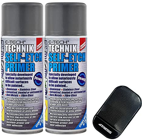 4TRESS E Tech 2 x 400ml Self Etch Grey Primer for Car Motor bike Alloy Wheels Aluminium Stainless Steel Bare Metal Fiber Glass Difficult Surfaces Non Slip Car Dash Mat