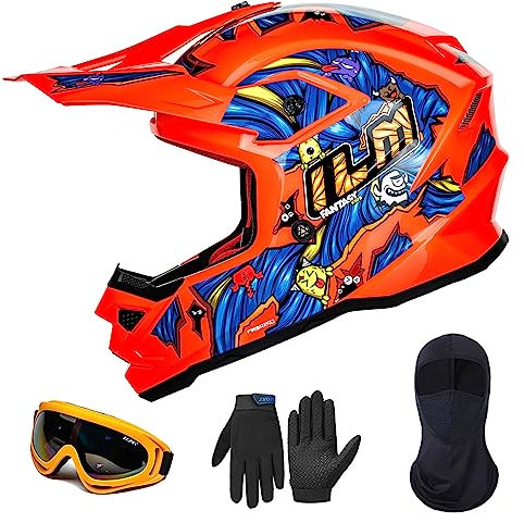 ILM Motorradhelm Kinder Motocross Kinderfahrradreithelm mit Brillen Maske Handschuhe Junge Und Mädchen ECE Model Z705,Fantasy Orange,M