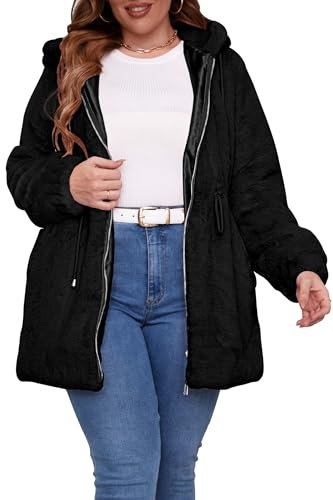 Geschallino Taglie Forti Cappotto da Donna in Pelliccia Sintetica Lungo con Cappuccio Giacca Sherpa Giacca Invernale 2135Plus Nero XL