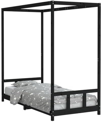 vidaXL Kinderbett, Kinder Bettgestell mit robusten Latten, Himmelbett für Kleinkinder ab 4 Jahren, Einzelbett Kinder Holzbett, Schwarz 90x200 cm Massivholz Kiefer