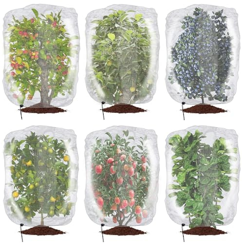6 Pcs Insect Bird Barrier Tree Net with Drawstring, 3.9 x 3.2 Ft Garden Bird Netting Plant Cover, Fruit Tree Netting for Protect Plants Fruits Flowers from Insect Bird Eating