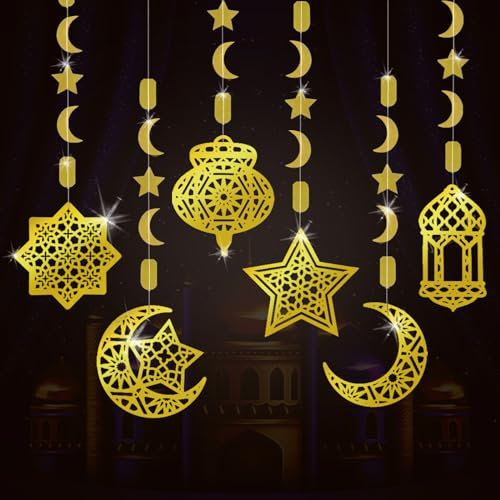 AhfuLife Decoration Aid Mubarak 2025, 12PCS Decoration Eid Mubarak Lanterne Lune Étoiles Guirlandes Ramadan Mubarak Decor Ramadan Suspendre pour Muslim Fête du Aïd, Aïd al-Adha Jardin Maison