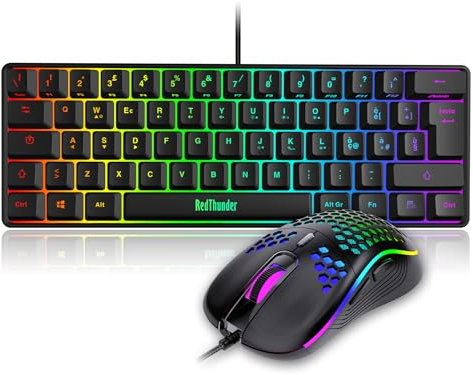 RedThunder 60% kabelgebundene mechanische Gaming-Tastatur, dynamische RGB-Hintergrundbeleuchtung, leichte Wabenmaus mit 7200 DPI, ultrakompakte Tastatur, 62 Anti-Ghosting-Tasten, IT-Layout für