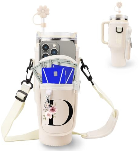 Initial Personalized Water Bottle Bag for Stanley 40oz Tumbler,with Phone Pocket,Neoprene Water Bottle Carrier with Adjustable Strap and Straw Cover & Carabiner,for Stanley Cup Accessories (D)