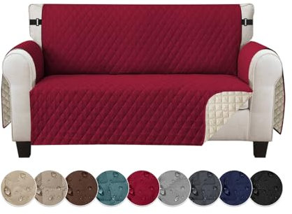 Jaotto Sofabezug 2 Sitzer wasserdichte Sofa Überzug mit Armlehnen Antirutsch Sofaschoner Sofaüberwurf Reversible Gesteppte Couch überzug für Haustiere Katzen Hunde,Weinrot