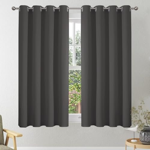 VEHEDE Short Small Blackout Curtains 45 Inch Drop, Eyelet Thermal Insulated Window Curtain for Cafe, Soft Grey Bedroom Curtains, Living Room Curtain & Drapes, W46 x L45 Inch, Dark Grey, 2 Panels