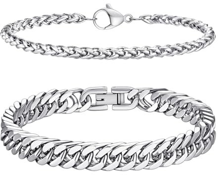 LOCCY Armband Herren, 2 Stück Silber Edelstahl Herrenarmbänder Panzerkette Armband Königskette Armbänder Figaro Armkette Glieder Link Armkette für Männer Jungs (Set 5 Silber-4/6mm, Zentimeter, 19)
