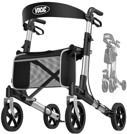 VOCIC Rollator Faltbar und Leicht mit Sitz, Rollatoren Schmal für Wohnung Klappbar Aluminium Gehhilfe für Senioren, wiegt nur 7.8kg, Kaufen Walker Für Alle Terrains, 5 Jahre Support | Silber